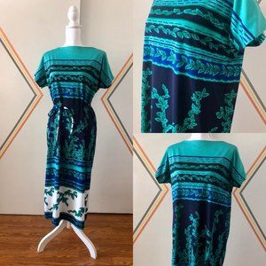 70's Maxi Boho Dress with Leaf Pattern Hippie Chic